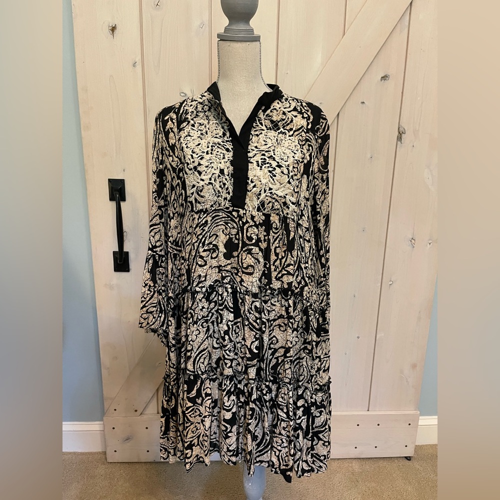 Black and Cream Subtle Ruffled Long Sleeve Dress with bead details on front